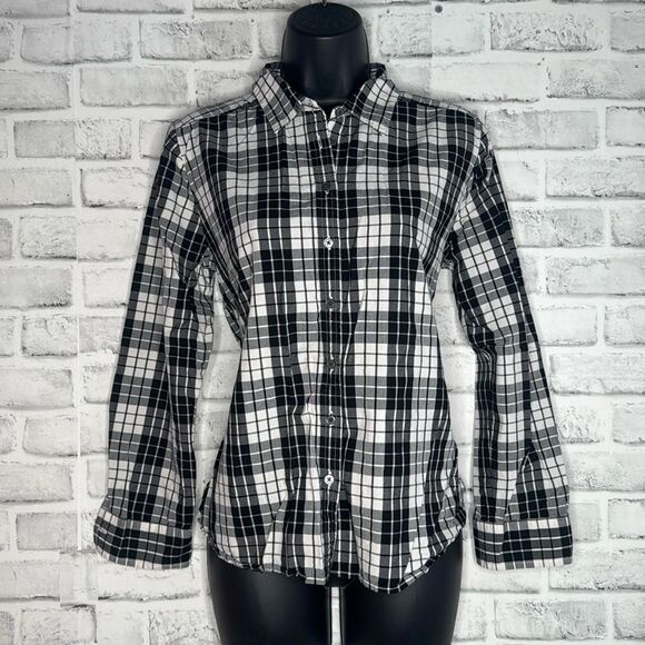 LOFT Black & White Plaid Button Down Shirt Size MP Medium Petite - Picture 1 of 4